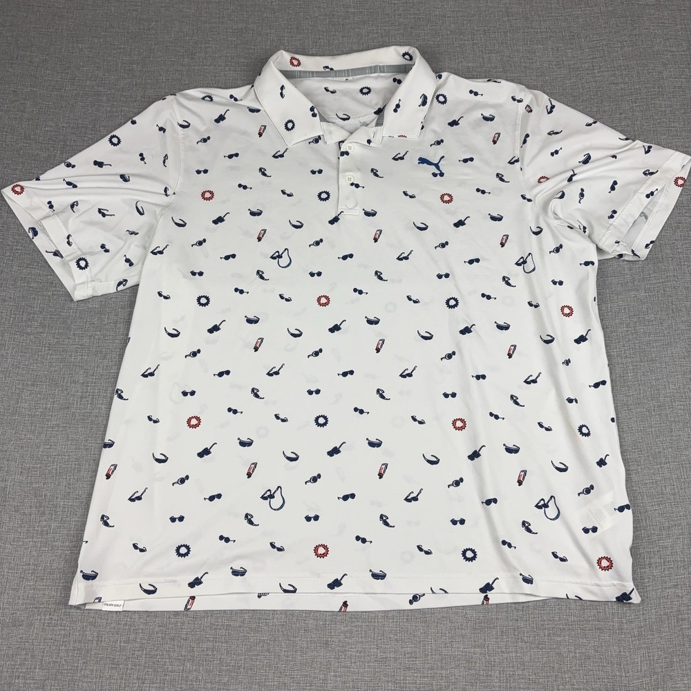 Puma Polo Shirt Mens L White Graphic Print Golf Short Sleeve Lightweight Jersey